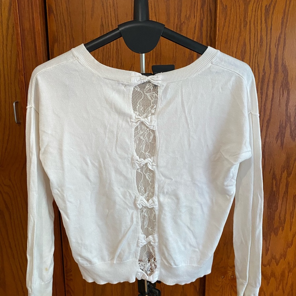 LC Lauren Conrad White Lace Bow Back Blouse